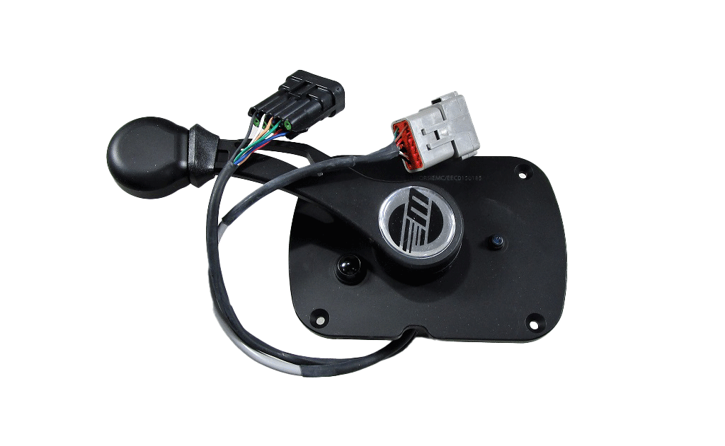 A black Malibu ZF Replacement Shifter - Mefi 6 sensor with two wire connectors and colored wires on a flat mounting plate, shown on a plain white background—perfect for replacing ZF shifters in marine and performance applications.