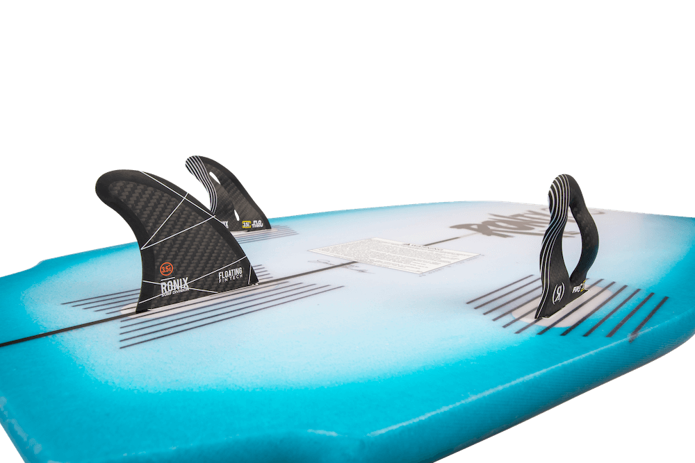 A Ronix 2024 Flyweight Pro DNA Wakesurf Board with two fins on it.