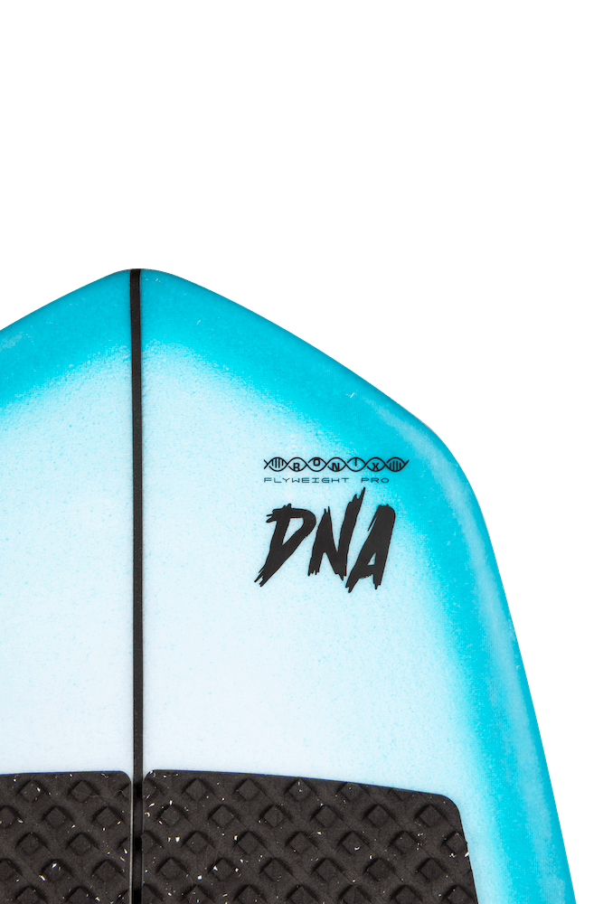 A performance board, the Ronix 2024 Flyweight Pro DNA Wakesurf Board, featuring a blue and black design with the word dna on it.