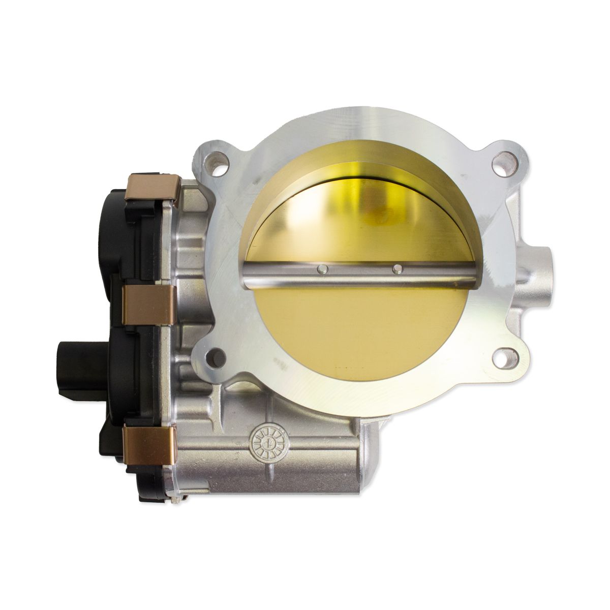 A close-up of the Indmar 4 BOLT Etc Monovalve - 551391 throttle body shows its gold butterfly valve, attached electronics, and 4-bolt flange—perfect for LS2 setups. Brand: Indmar.