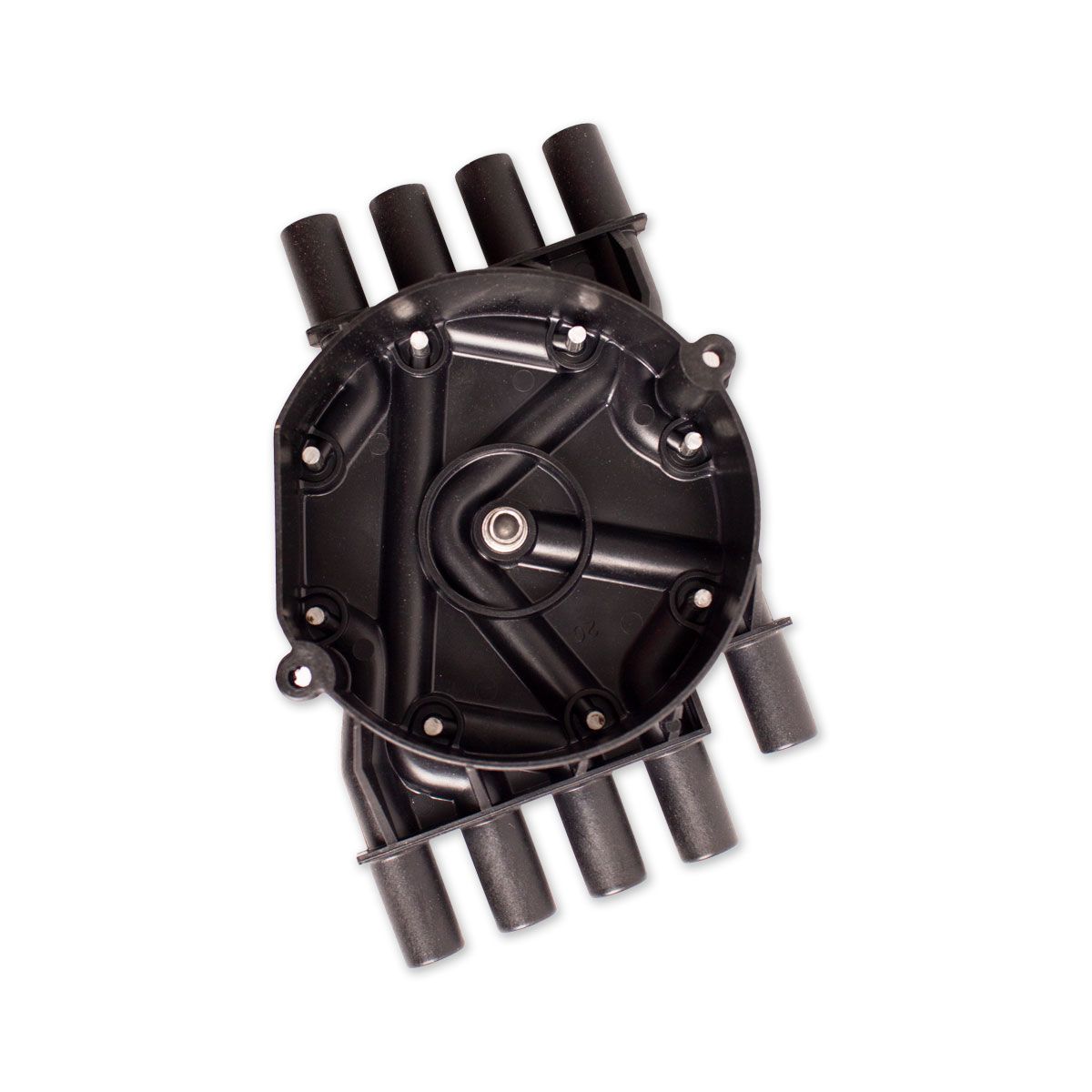 The Indmar CAP HVS (HIGH VOLTAGE SWITCH) - 556345GM is a black automotive distributor cap with five cylindrical spark plug wire connectors, shown from above on a white background, engineered by Indmar for reliable high voltage performance.
