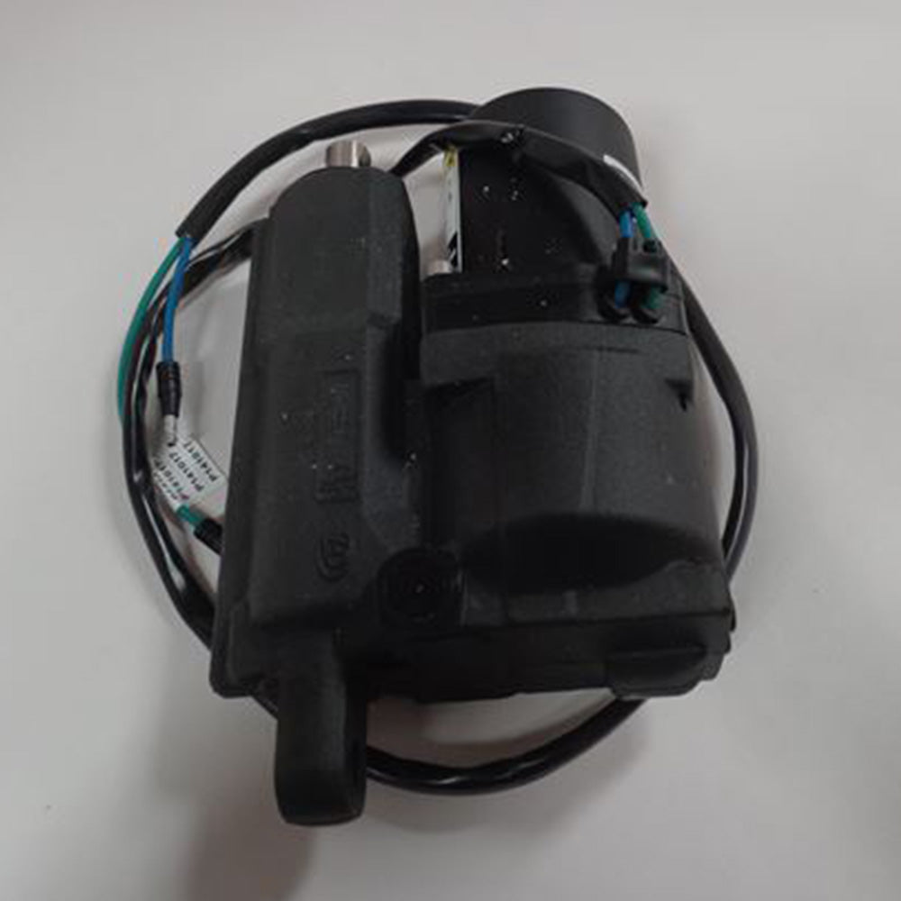 A Malibu Power Wedge II Actuator (5615011) electric motor by Malibu, featuring attached wiring and connectors plus cylindrical and rectangular components, is shown resting on a white surface.