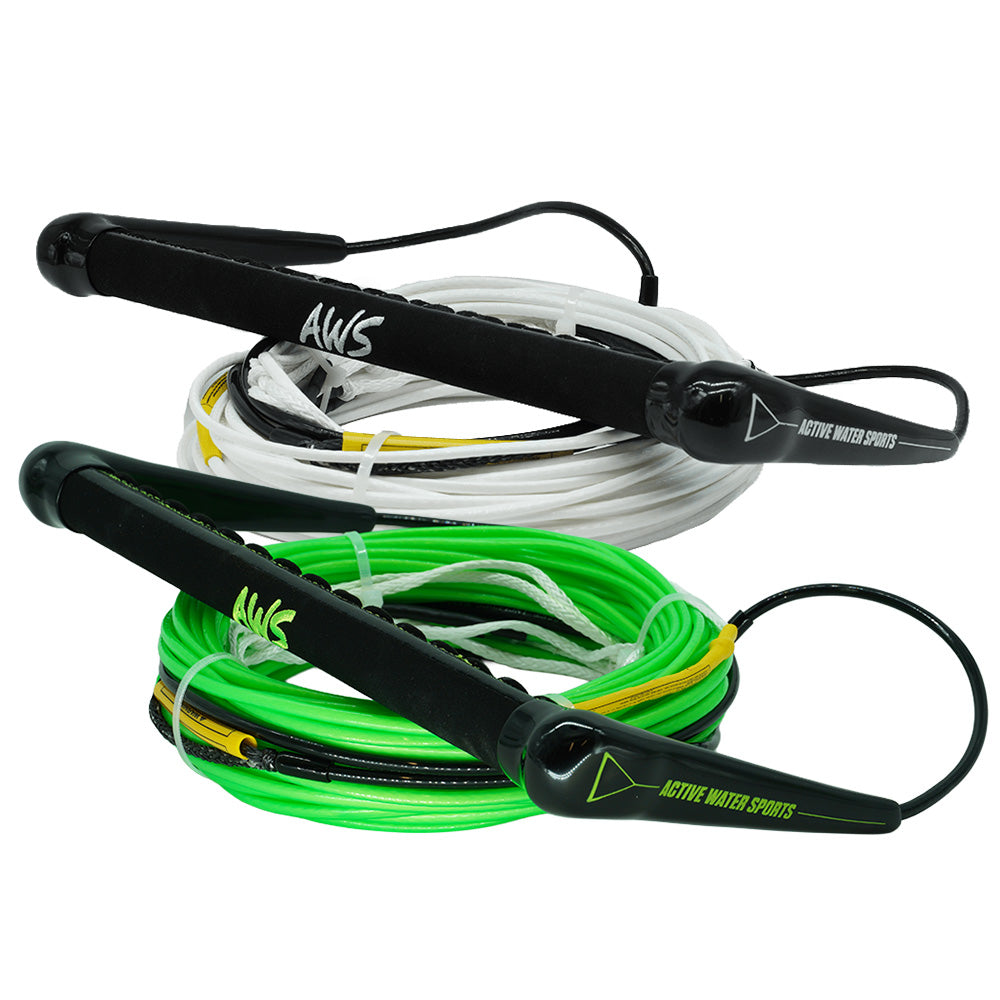 A pair of Active Combo 5.0 - Dyneema Bar Lock - Hide Grip w/R6 80ft Rope from ActiveWake with a volt green and white rope.