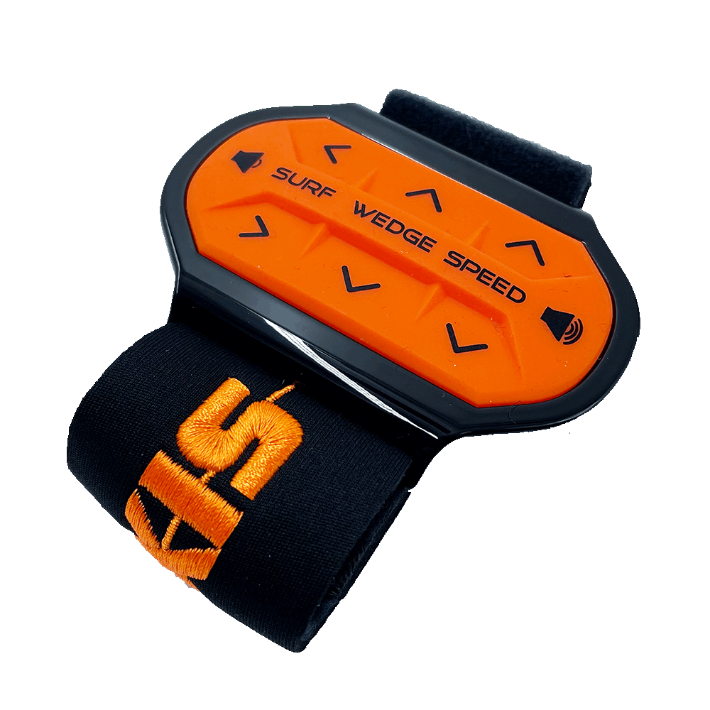 An Axis Wake Surf Band, an Axis Wake Surf Band 2018- wristband featuring an orange logo, allows for wake transfers remotely using boat speed adjustment.