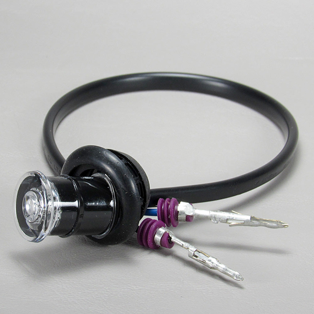 The Axis Interior LED Light- Blue (14-4131018.1) features a black cable with a clear circular blue LED on one end and two exposed metal wire connectors with purple and white insulation, shown against a plain background.