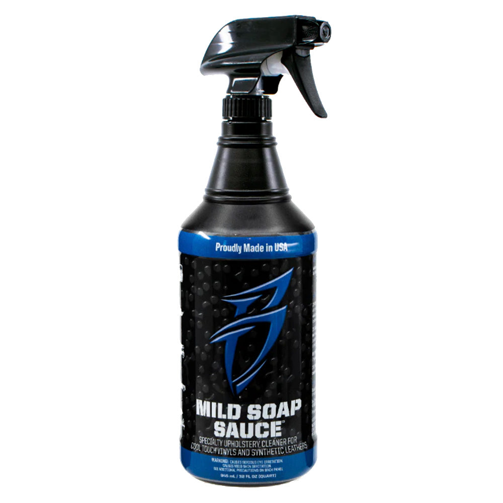 The Boat Bling Mild Soap Sauce 32oz is a black spray bottle with blue accents, made in the USA. Ideal for wool, mohair, and synthetic seats, it also cleans vinyl upholstery efficiently.