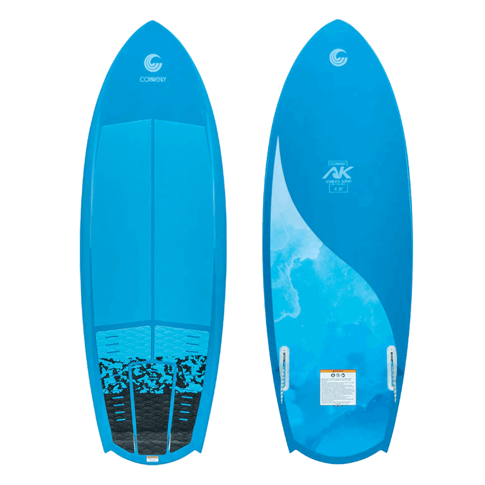 An Connelly 2024 AK Wakesurf Board with surf style and maneuverability, featuring a blue design against a black background.