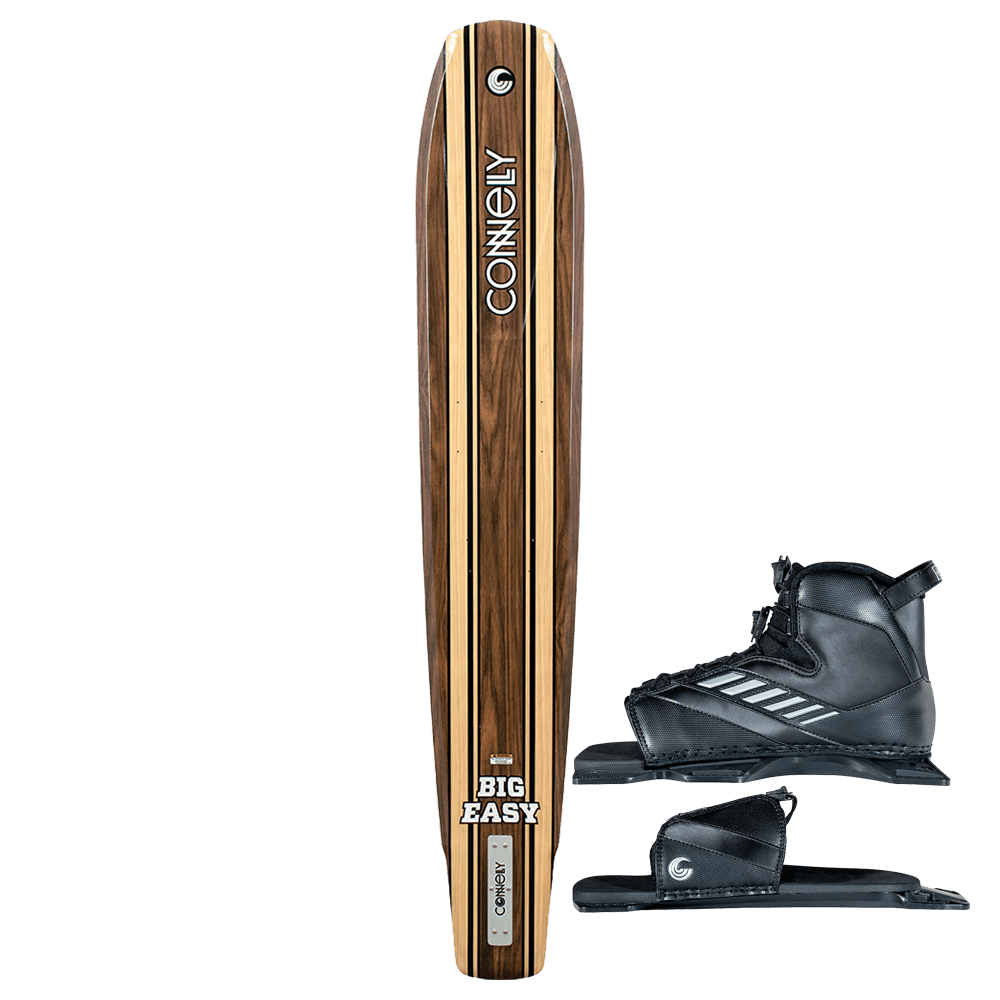 The Connelly Men's Big Easy Ski is shown alongside Shadow with Lace Adj. RTP XL slalom bindings, all set against a white background—ideal for water skiing.