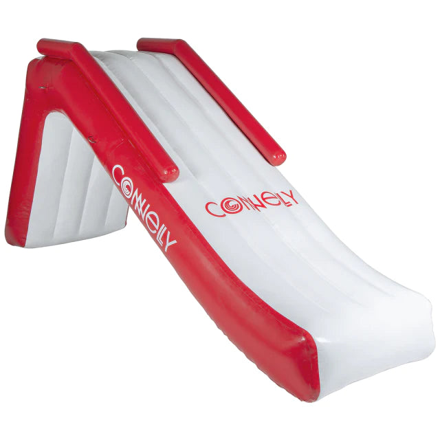 A commercial-grade reinforced Connelly Pontoon Slide and stainless mounting rings red and white inflatable slide on a white background.
