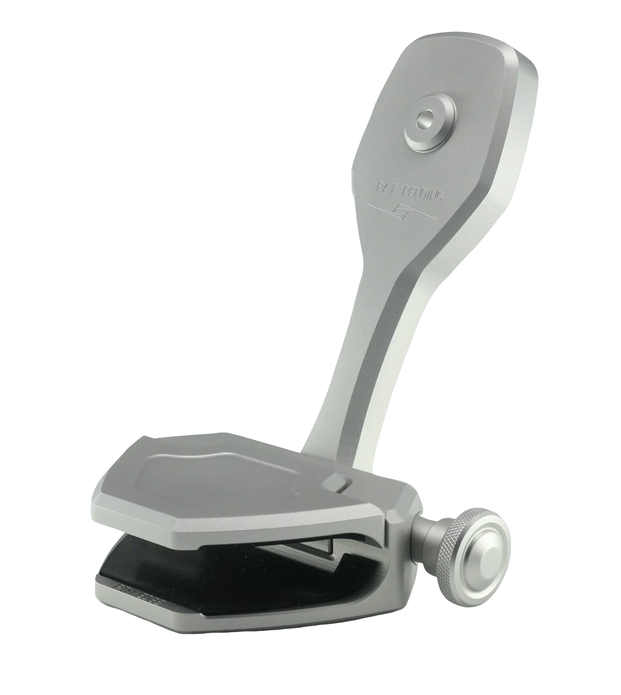 The PTM Edge ZXR-300 Windshield-Mounted Pivoting Mirror Bracket is a silver, L-shaped metal clamp with a large adjustment knob and flat gripping surfaces, designed for securely holding mirrors on flat surfaces.