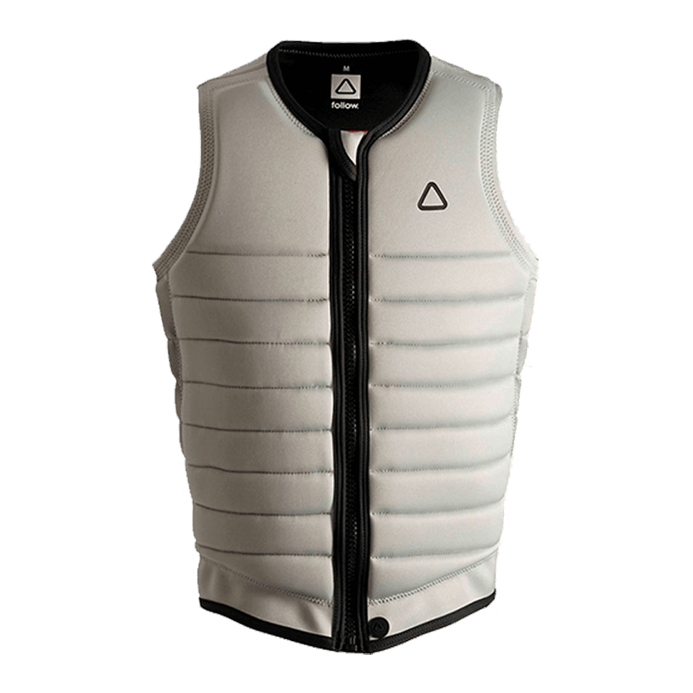 A white Follow Wake vest with a black Follow Wake logo on it that offers impact protection for maximum flex.