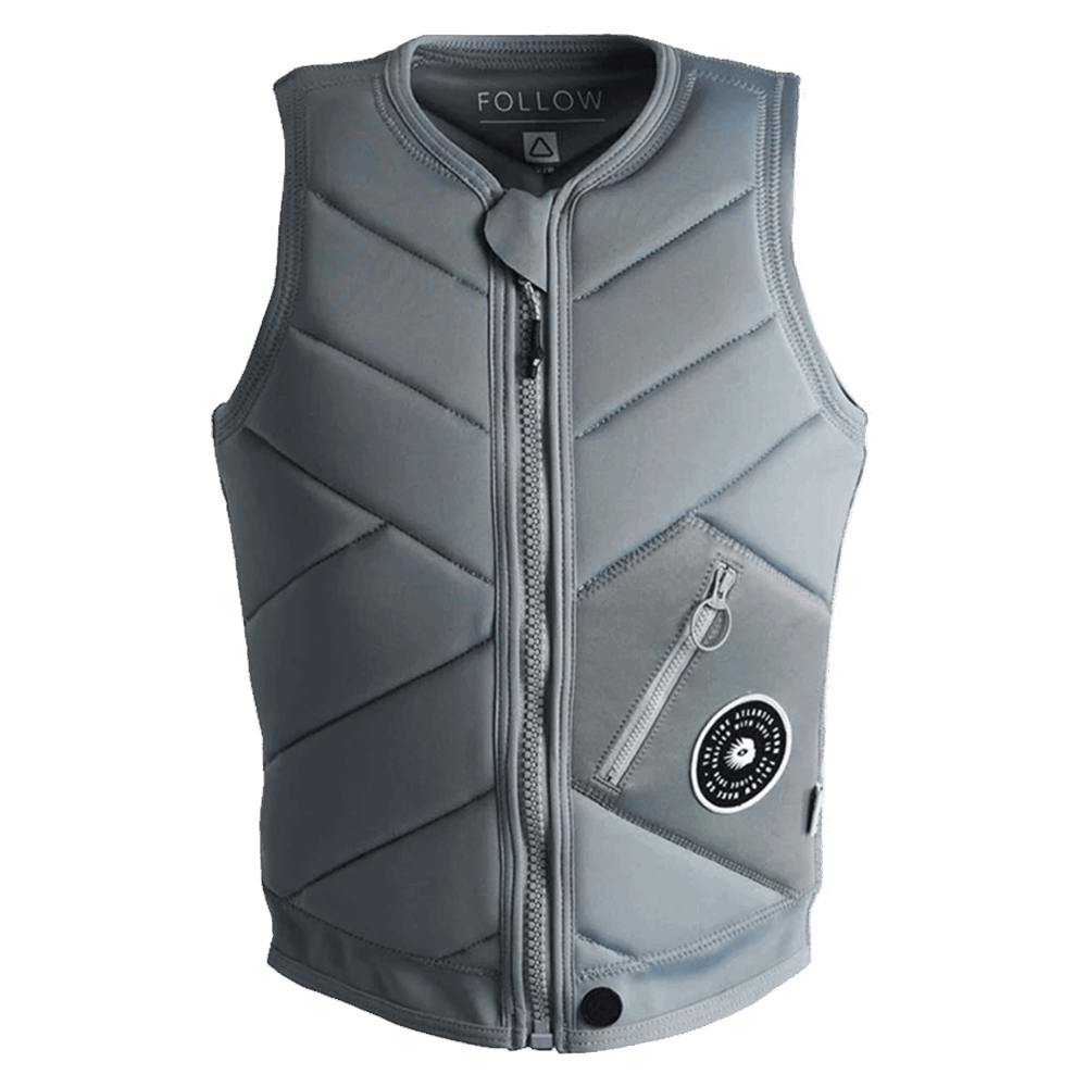 A Follow Wake Atlantis Ladies Jacket - Ash Blue with a black logo on it.