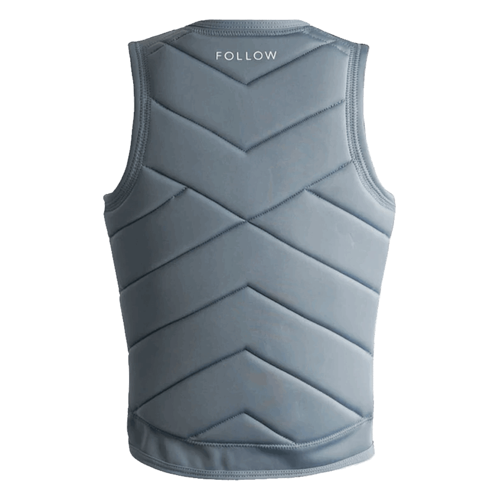 A Follow Atlantis Ladies Jacket - Ash Blue in grey with the word "Follow Wake" on its back.