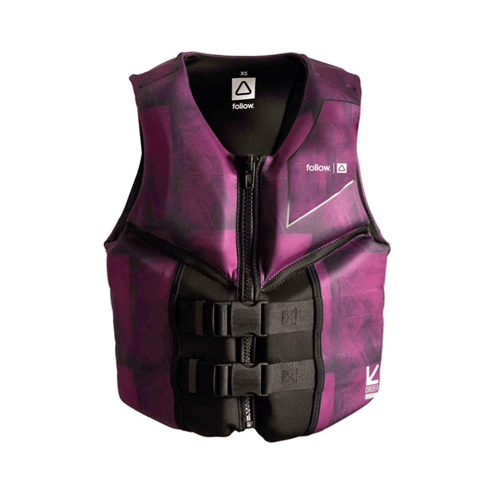 A Follow Wake women's life jacket in purple and black with custom stitching details.