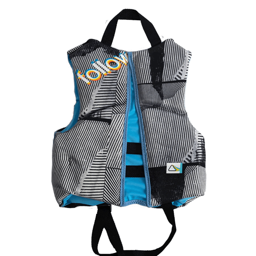 A life vest, the Follow Pop Youth CGA Jacket - Sketch Blue from Follow Wake, with the word "follow" on it, featuring CGA rubber badging.