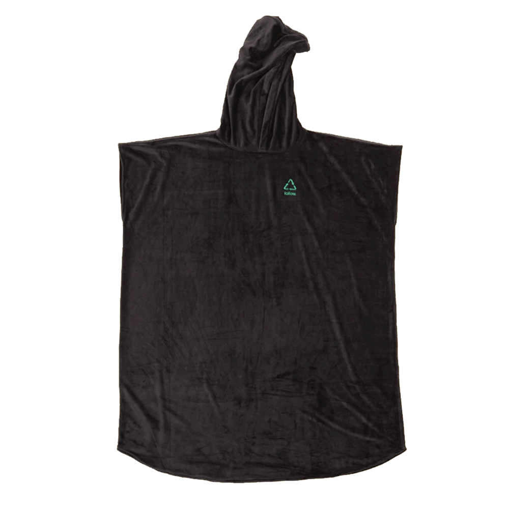 A Follow Wake Recycled Towelie - Black hooded towel with a green logo depicting the earth on it.