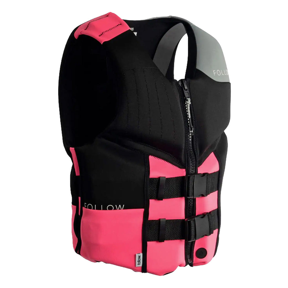 Black and pink life vest with 'FOLLOW' branding on a white background - side profile