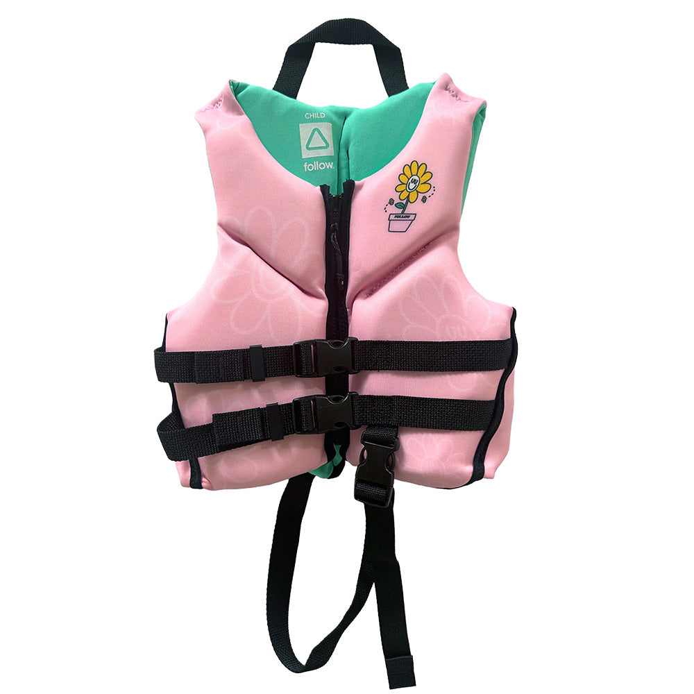 Pink life jacket with green accents and a cartoon character on a white background