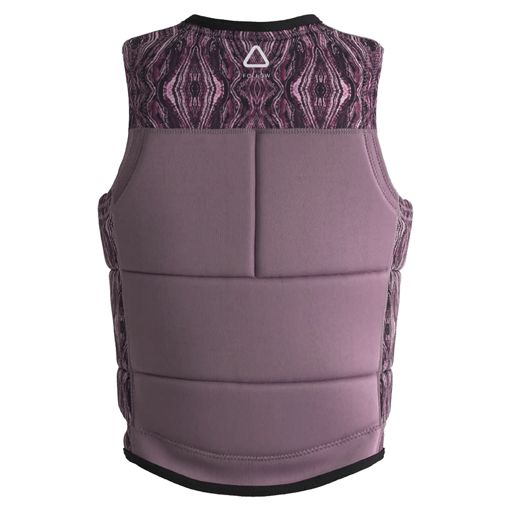 The Follow Harmony Ladies Jacket - Orchid by Follow Wake is a sleeveless women’s vest in mauve and purple tones with a patterned top, solid bottom, featherweight foam for comfort, shown from the back.