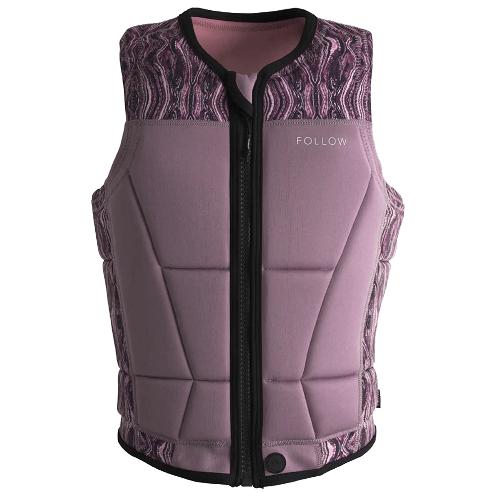The Follow Harmony Ladies Jacket - Orchid by Follow Wake is a sleeveless women’s vest with a tailored fit, front zipper, geometric padding, featherweight foam, and the brand name printed on the left chest.