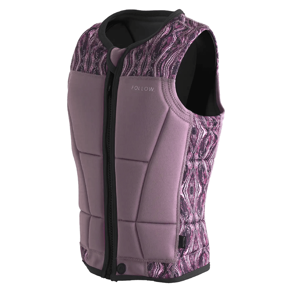 The Follow Harmony Ladies Jacket - Orchid by Follow Wake is a mauve women’s sleeveless water sports vest with patterned purple and black panels, tailored fit, padded sections, featherweight foam, and FOLLOW branding on the chest.