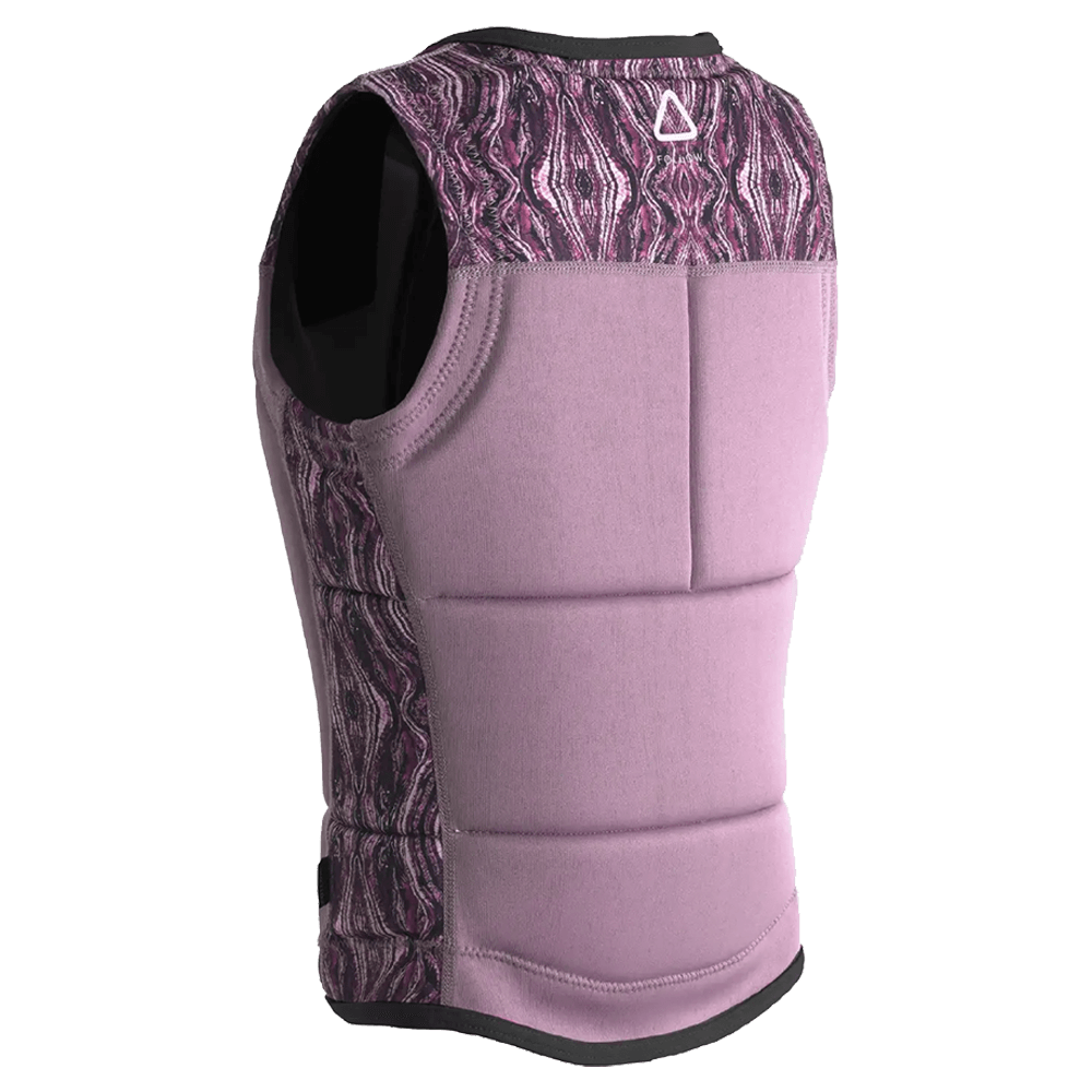 The Follow Wake Follow Harmony Ladies Jacket in Orchid is a sleeveless, padded women’s vest with patterned shoulders and sides, a tailored fit, and is shown from the back on a white background.
