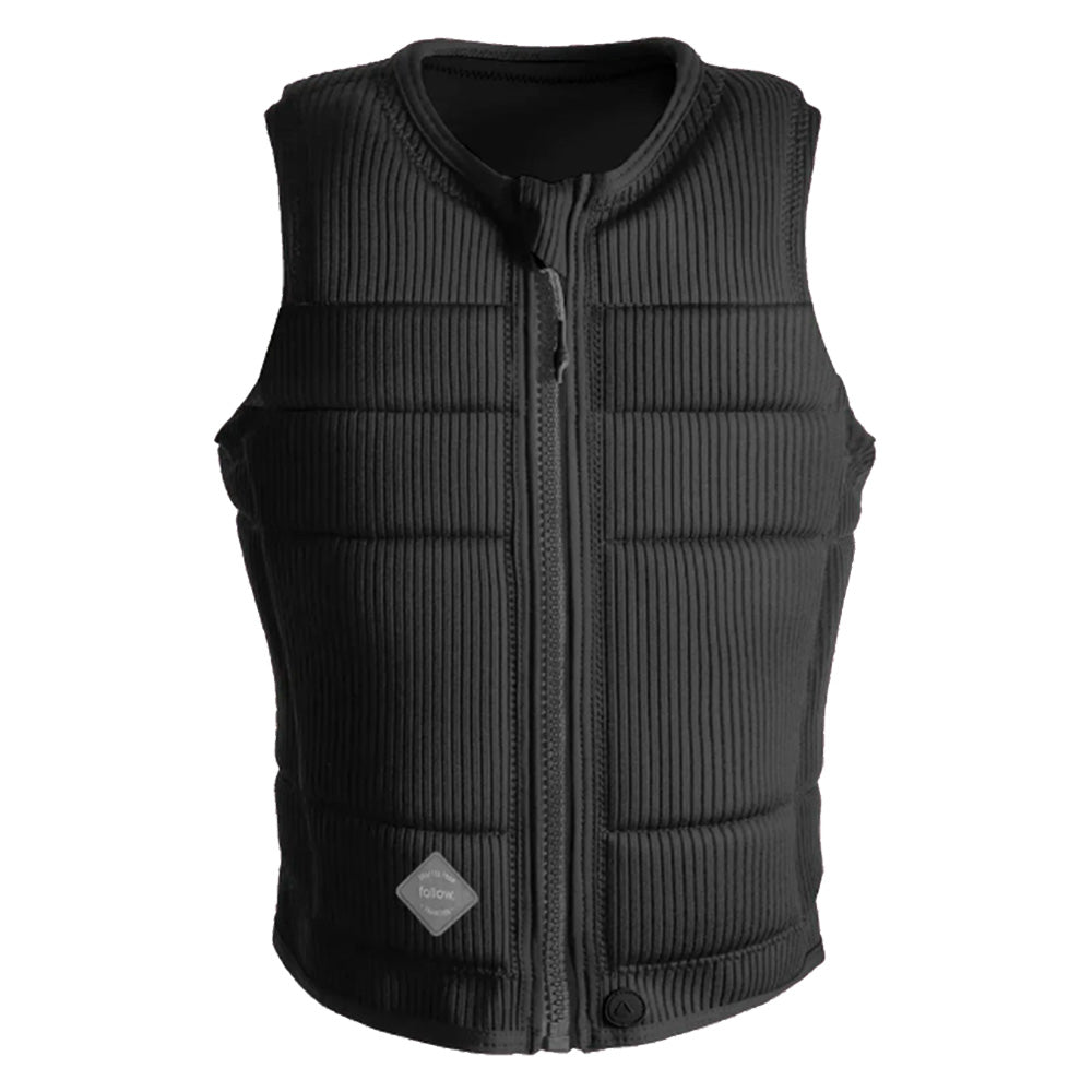 The Follow Cord Ladies Jacket - Black by Follow Wake is a black, sleeveless women's vest with padded corduroy neo design, front zipper, diamond logo tag, horizontal stitching, ribbed texture, and a comfortable TrueFit Liner.
