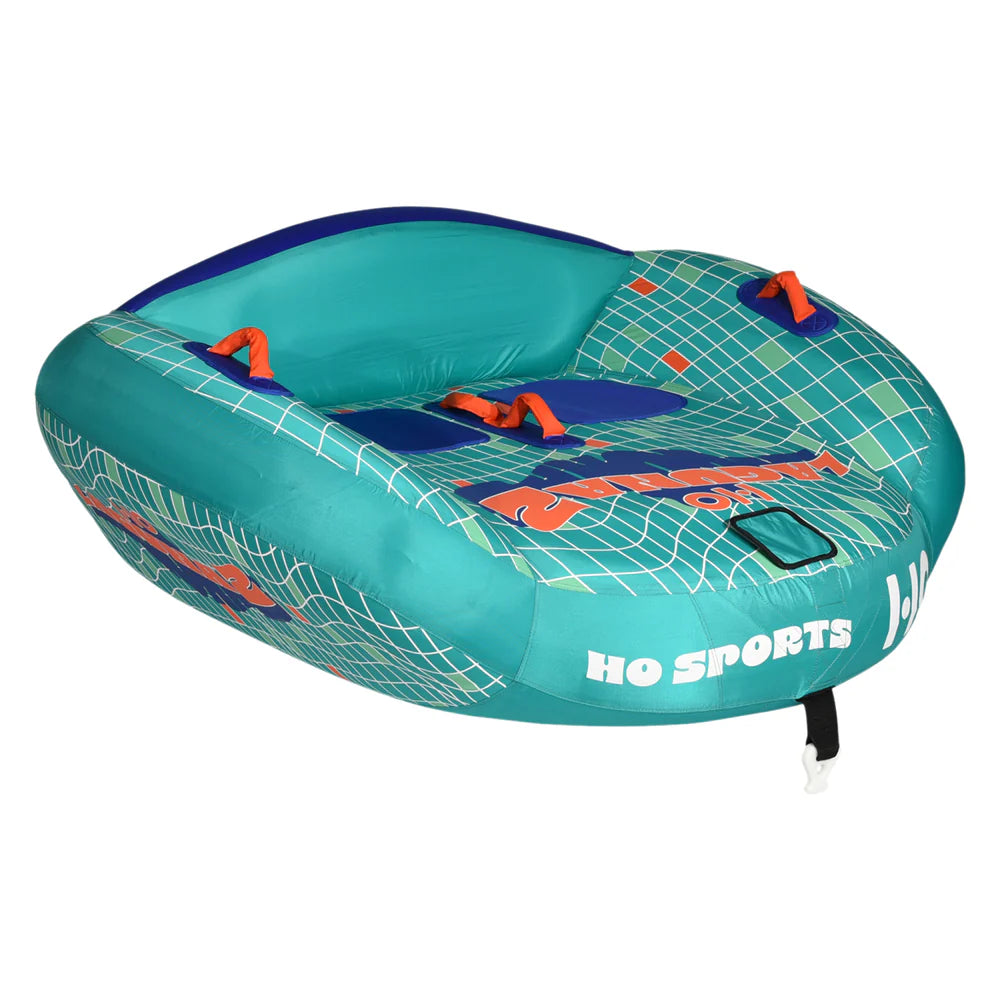 The HO Sports Laguna 2 Tube 2026 is a teal and blue inflatable towable with a swept-wing design, orange handles, and seating for two riders, shown on a white background.