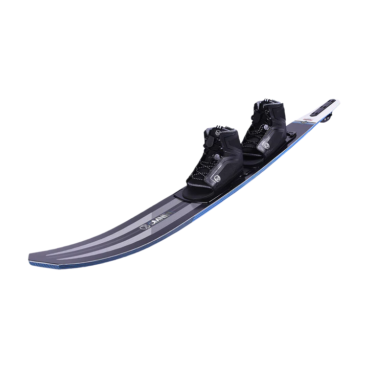 A sleek black waterski from HO Sports, featuring adjustable bindings and the stylish Double Stance 110 Boots, viewed from a side angle.