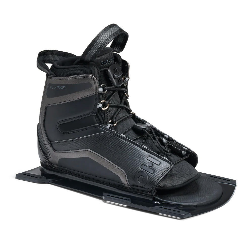 Black waterski binding on a white background