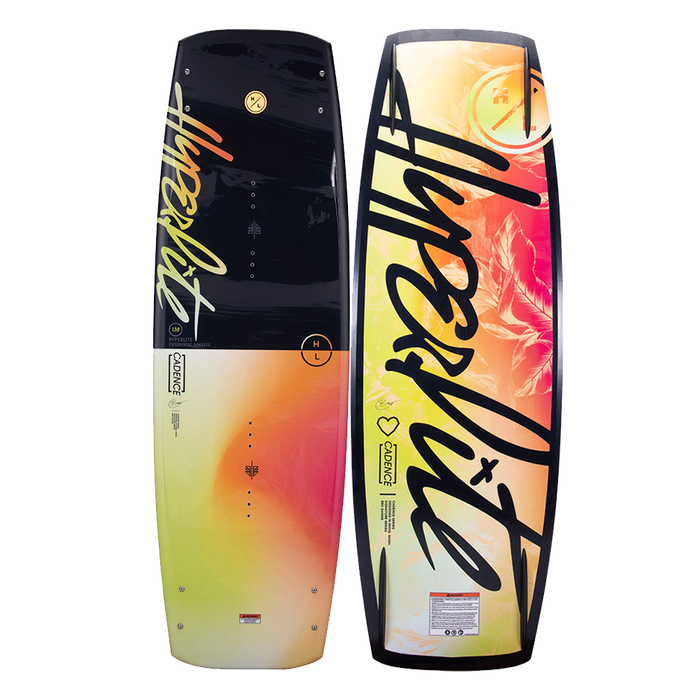 A Hyperlite 2023 Cadence Wakeboard with a colorful design on it, endorsed by professional wakeboarder Bec Gange.