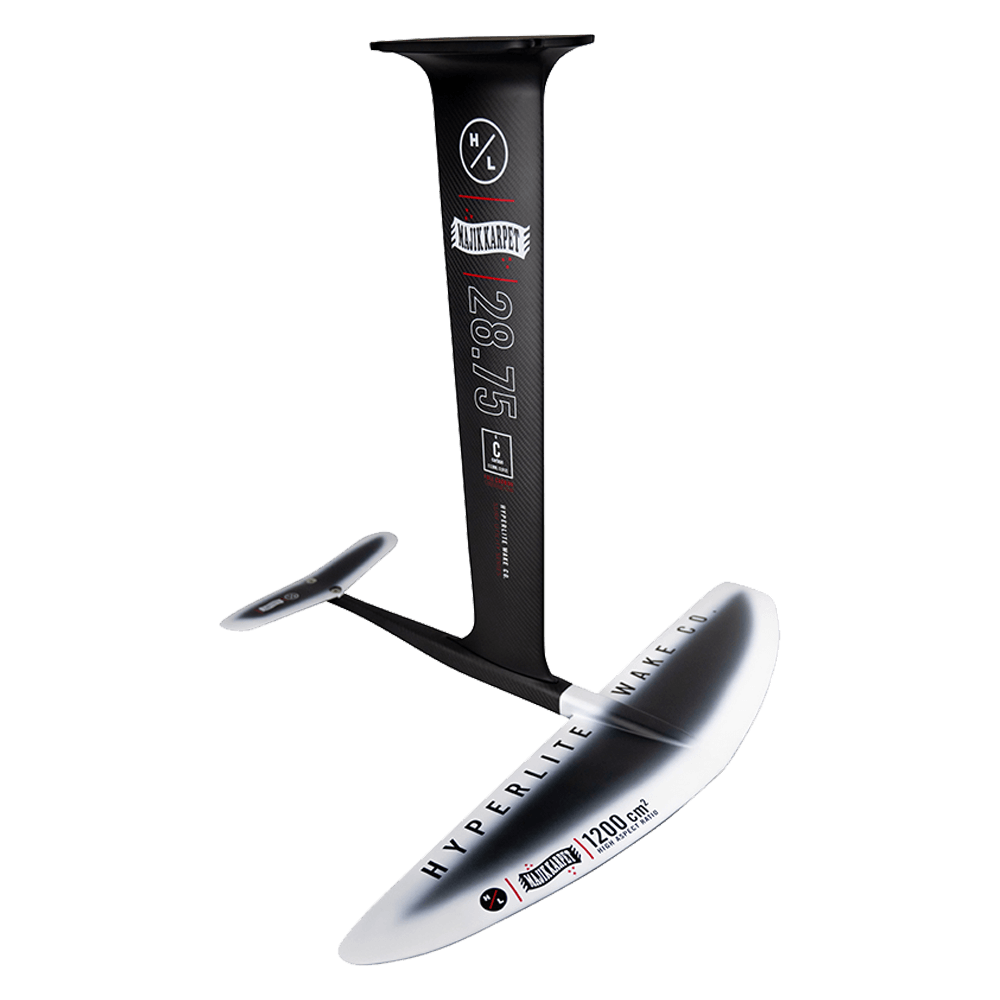 A standout component in the MK Foil Assembly, this black and silver hydrofoil wing is marked with Hyperlite MK 1200 and boasts an aluminum construction with a sleek 1200 cm² design.