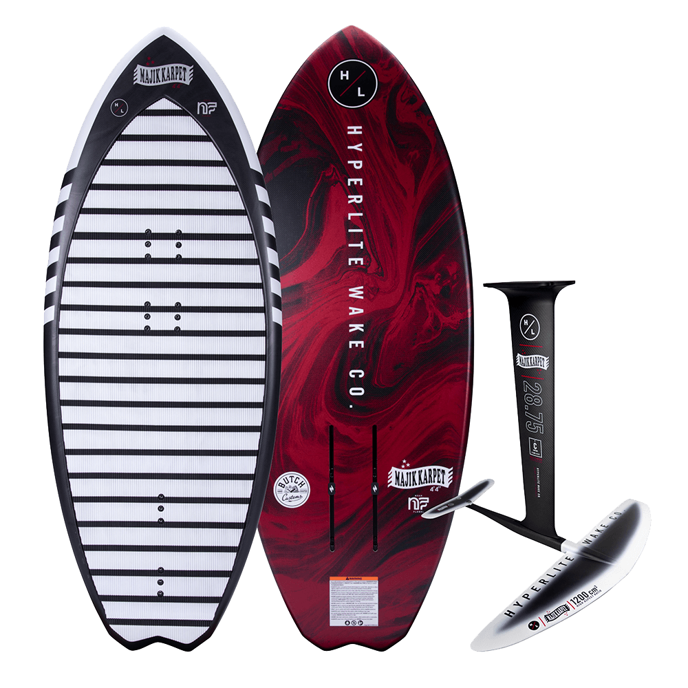 A Hyperlite 2024 Majic Karpet Foil Board | MK 1200 Foil Package with a red and black design.