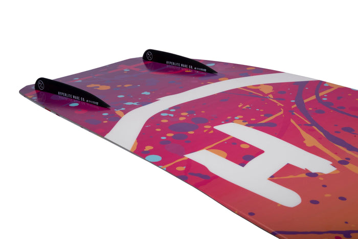 A Hyperlite 2024 Murray Girls Wakeboard with Jinx Girls Bindings and a colorful design on it.