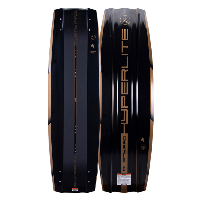 A Hyperlite 2023 Rusty Pro Wakeboard with a black and gold design, featuring the Ultra Bindings.