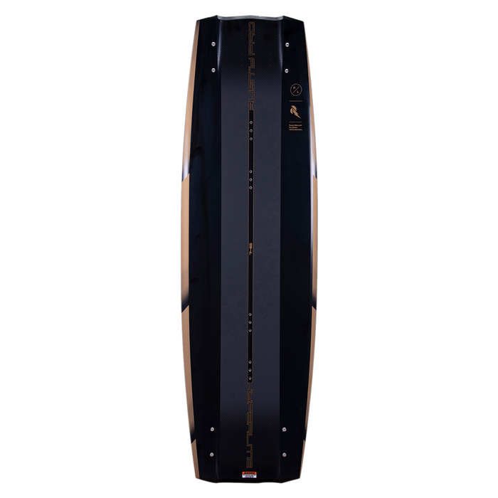 A black and gold Hyperlite 2023 Rusty Pro Wakeboard with Ultra Bindings on a black background.