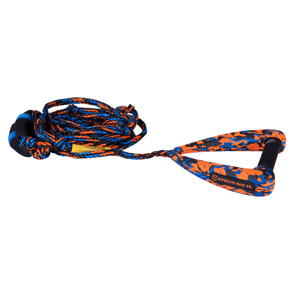 An oversized blue and orange Hyperlite 25' Arc Surf Rope w/ Handle, showcased against a sleek black background.