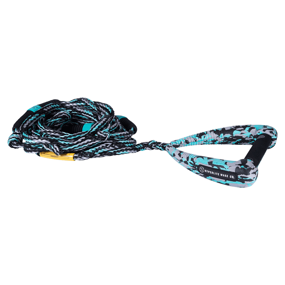 The Hyperlite 25' Arc Surf Rope w/ Handle - Teal/Grey from the Hyperlite collection features oversized foam endcaps and is designed with a sleek black and blue color scheme, perfect for catching waves on any black background.