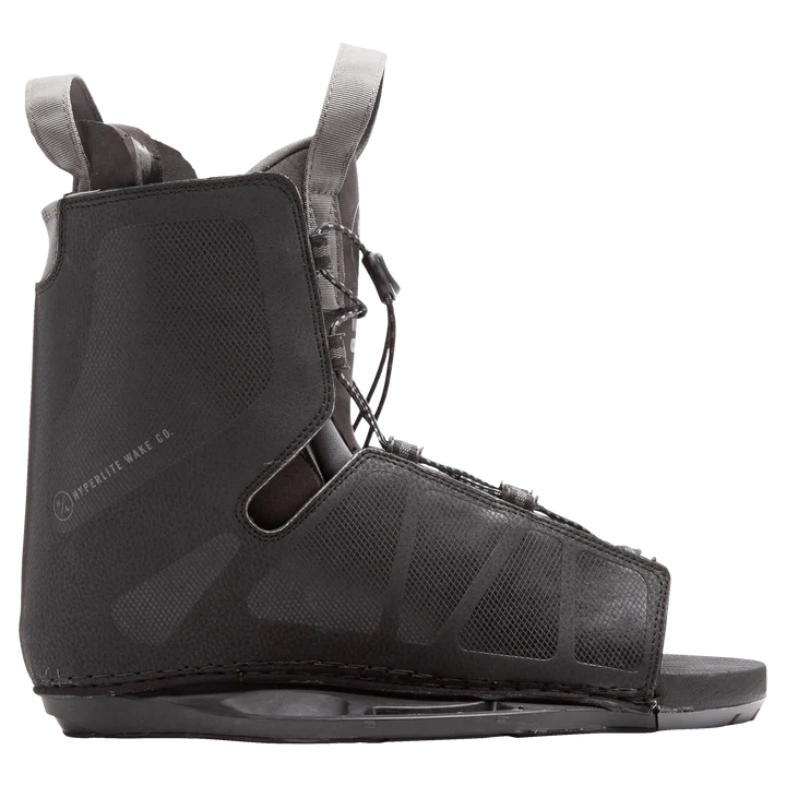 The Hyperlite 2025 Frequency Bindings by Hyperlite boast an open toe design, adjustable laces, and a supportive ankle strap. With features like the Low Pro Plate System and a Molded EVA Footbed, they provide comfort and control on every ride.
