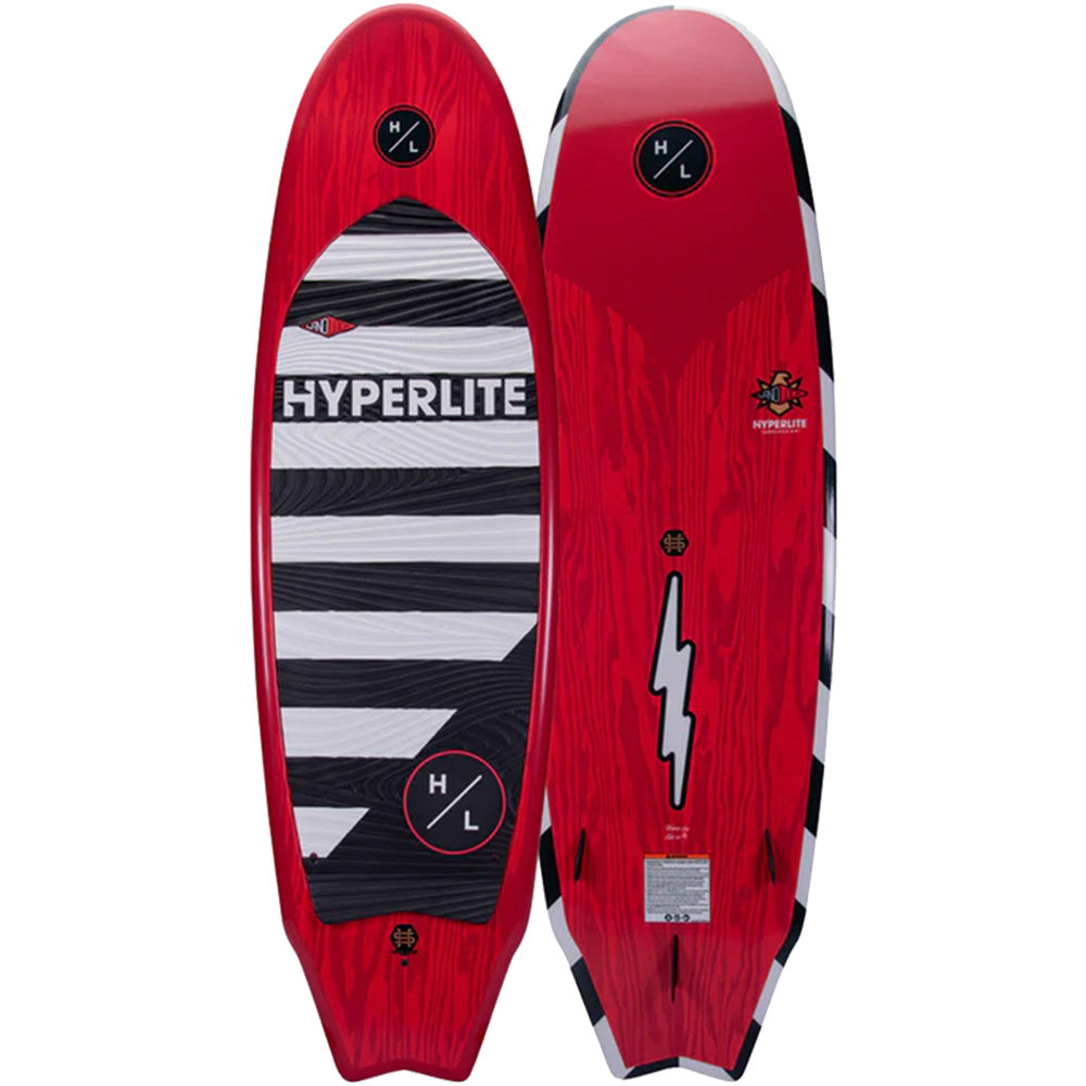 Two Hyperlite 2025 Landlock Wakesurf Boards, each sporting red with black and white designs, are perfect for a surf-style adventure. One board features striped patterns and the HYPERLITE logo, making it ideal for wakesurfing enthusiasts seeking performance. The other showcases a zigzag lightning bolt with the Landlock logo, offering both flair and functionality.