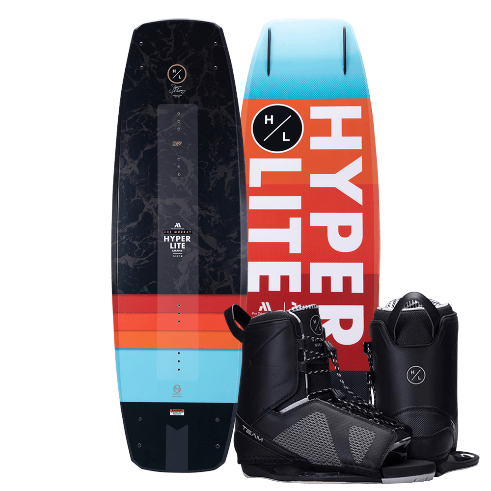 A Hyperlite 2024 Murray Pro Wakeboard, designed by Shaun Murray, complete with a pair of Team OT bindings for ultimate performance.