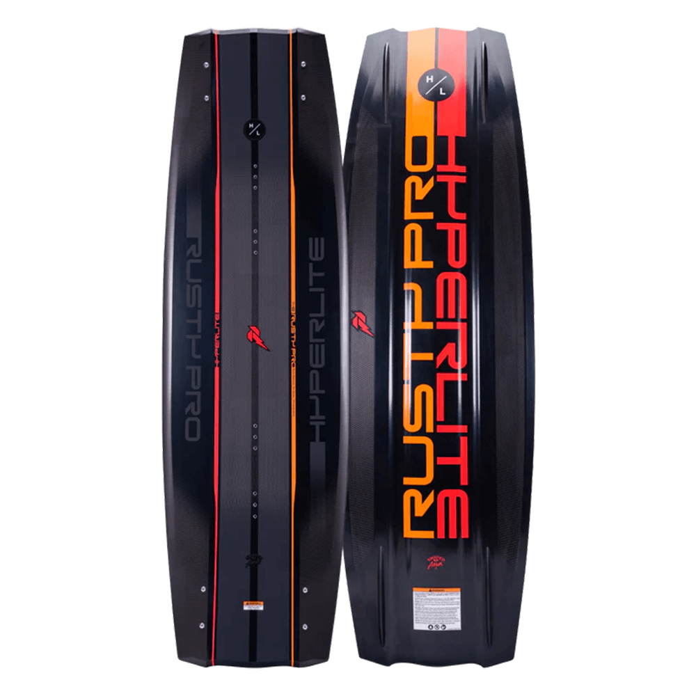 A Hyperlite 2024 Rusty Pro Wakeboard with the words 'hyper pro' and shape on it.