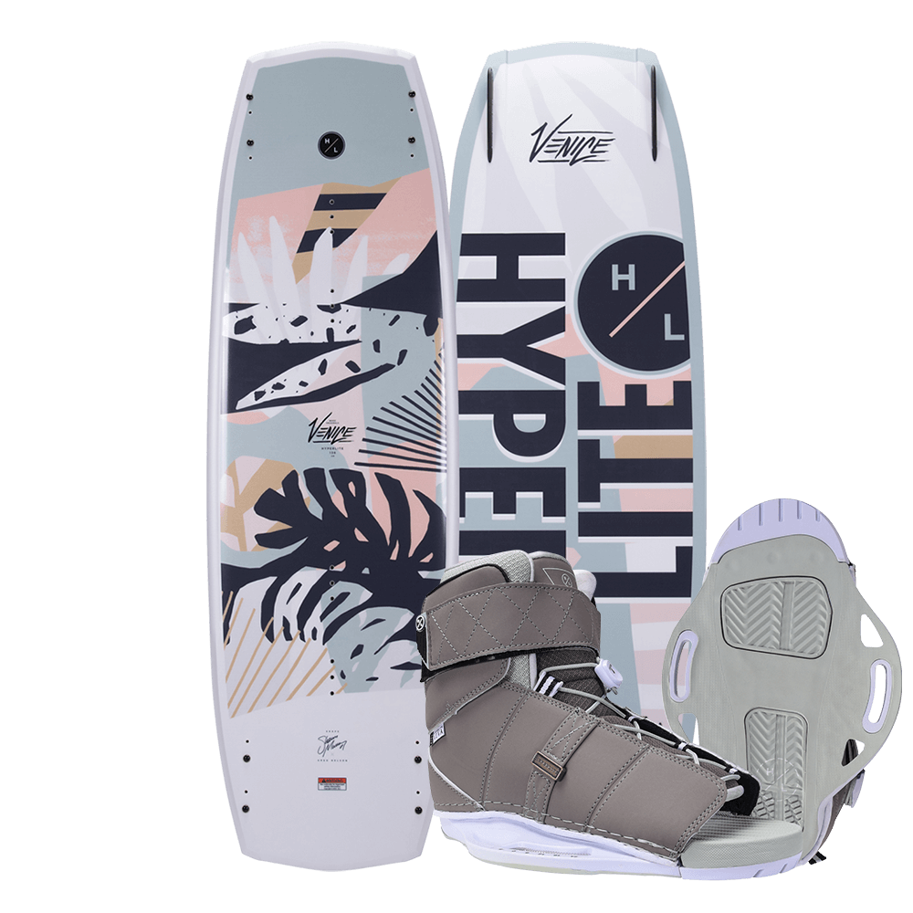 A Hyperlite 2024 Venice wakeboard with a pair of VIVA boots and a pair of Venice shoes.