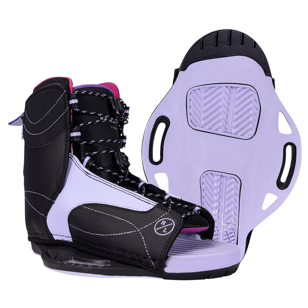 A pair of Hyperlite 2024 Womens Jinx bindings in black and pink on a black background.