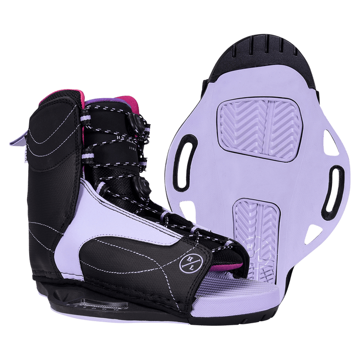 A pair of Hyperlite 2024 Jinx Girls Bindings (K12-2) adjustable black and pink wakeboard boots suitable for beginner to intermediate riders.