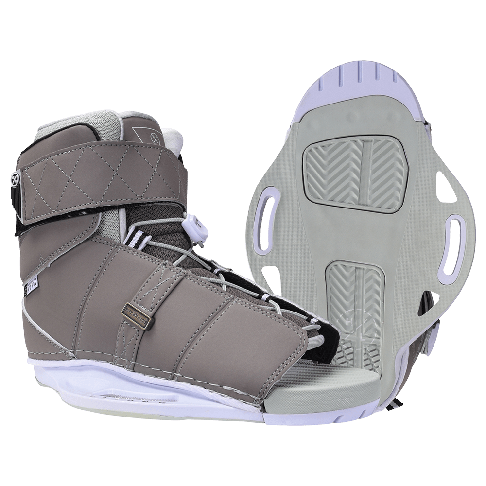 Hyperlite 2024 Womens Viva Bindings in grey and white, offering a customizable feel and support, showcased on a black background.