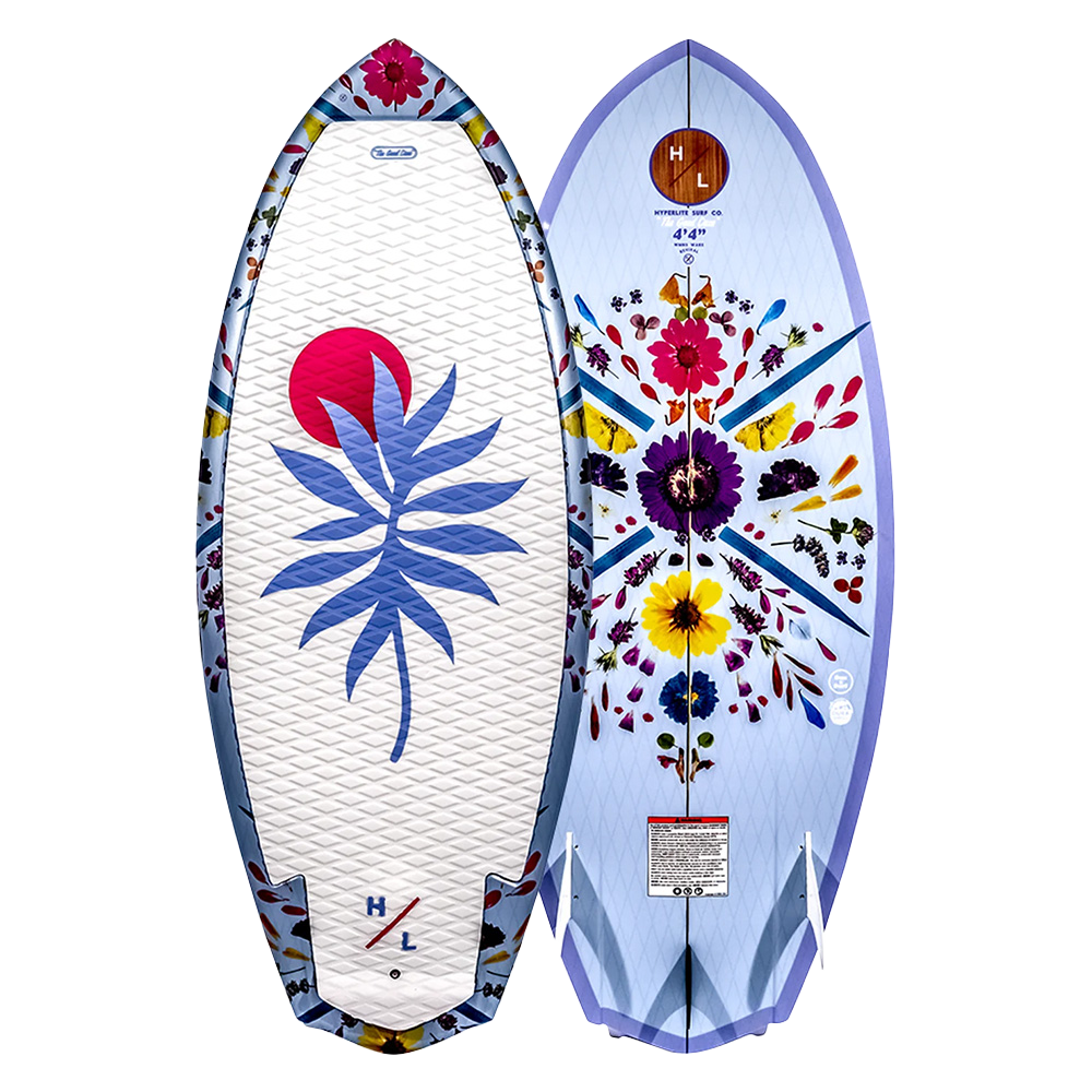 Two vibrant surfboards: the Hyperlite Good Daze Women's Wakesurf Board 2026 by Hyperlite features a hybrid surf/skim style with a blue leaf and pink sun, while another board boasts colorful flowers—perfect choices for women wakesurfers.