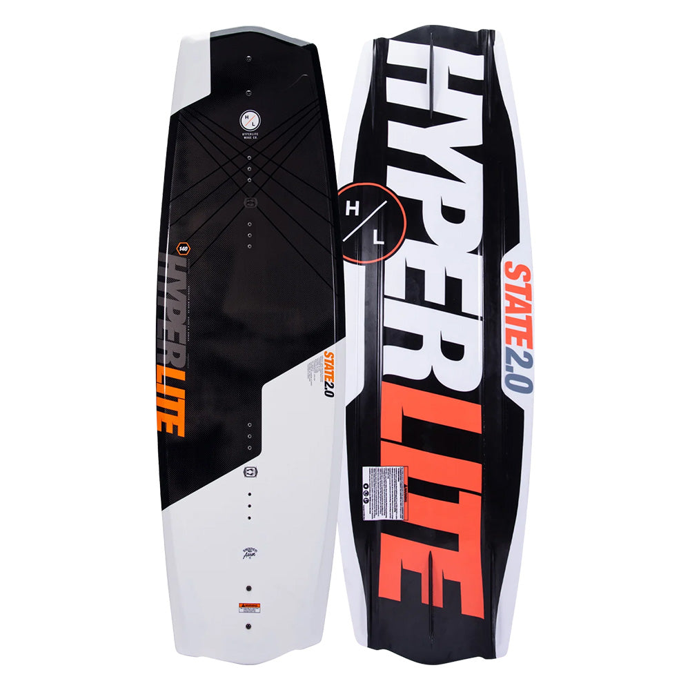 Two Hyperlite 2025 State 2.0 Wakeboards, boasting a striking black and white design with orange accents and an asymmetrical structure, ideal for elevating your wakeboarding experience.