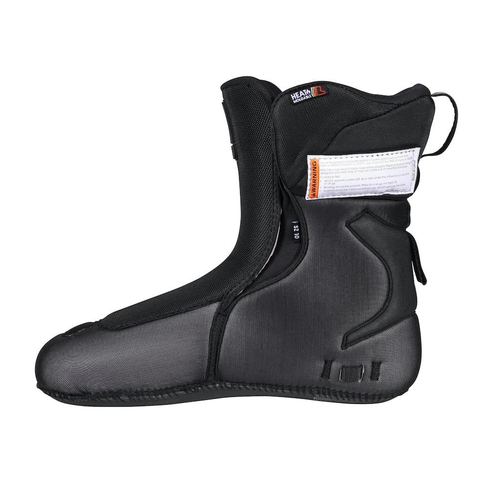 A black, insulated ski boot liner with a high ankle, labeled "HEAT" near the top. Inspired by Hyperlite's ultra-lightweight Zero02 Boot 2026, it features reinforced stitching, a rear pull loop, and a bold orange and white product tag.