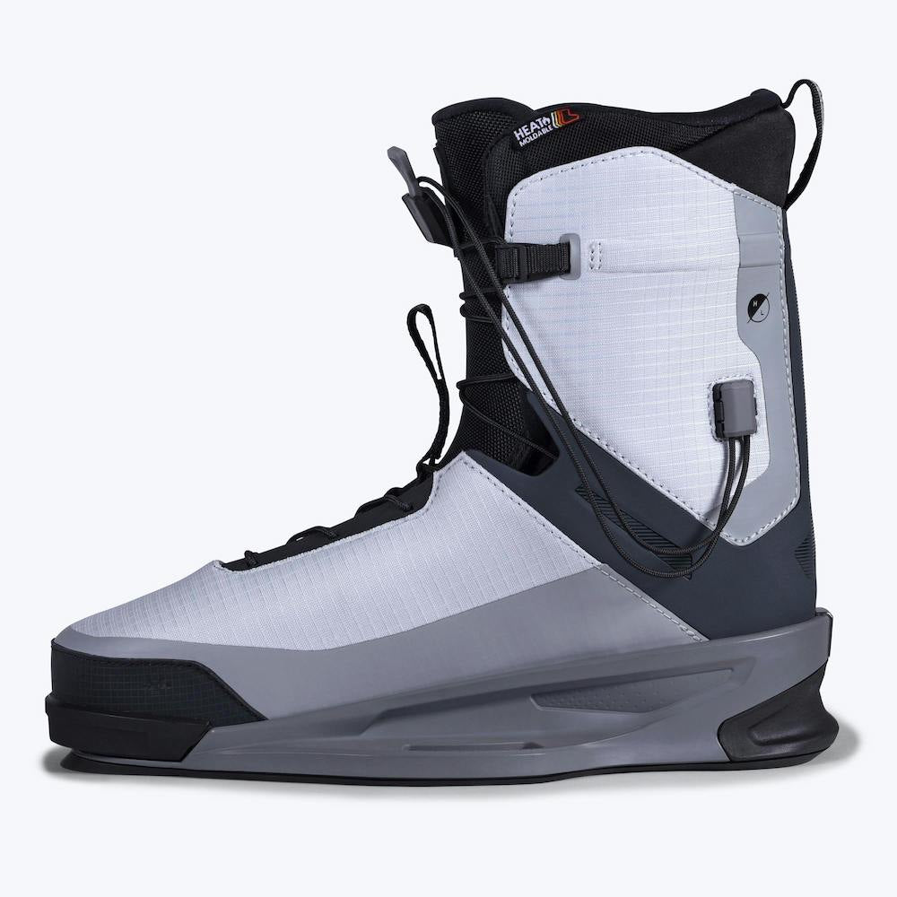 The Hyperlite Zero02 Boot 2026 is a modern, ultra-light gray wake boot with black accents, black sole, high ankle design, quick-pull lacing, and a back loop for easy carrying—top performance from Hyperlite.